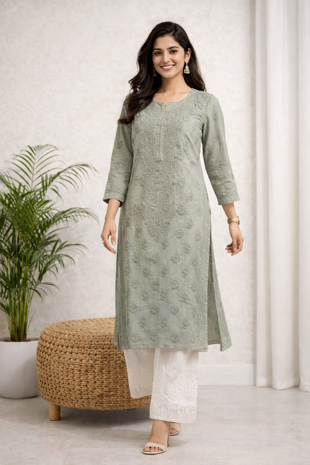 Karigiri Sage Green Chikankari Rayon Cotton Kurti_KF0099