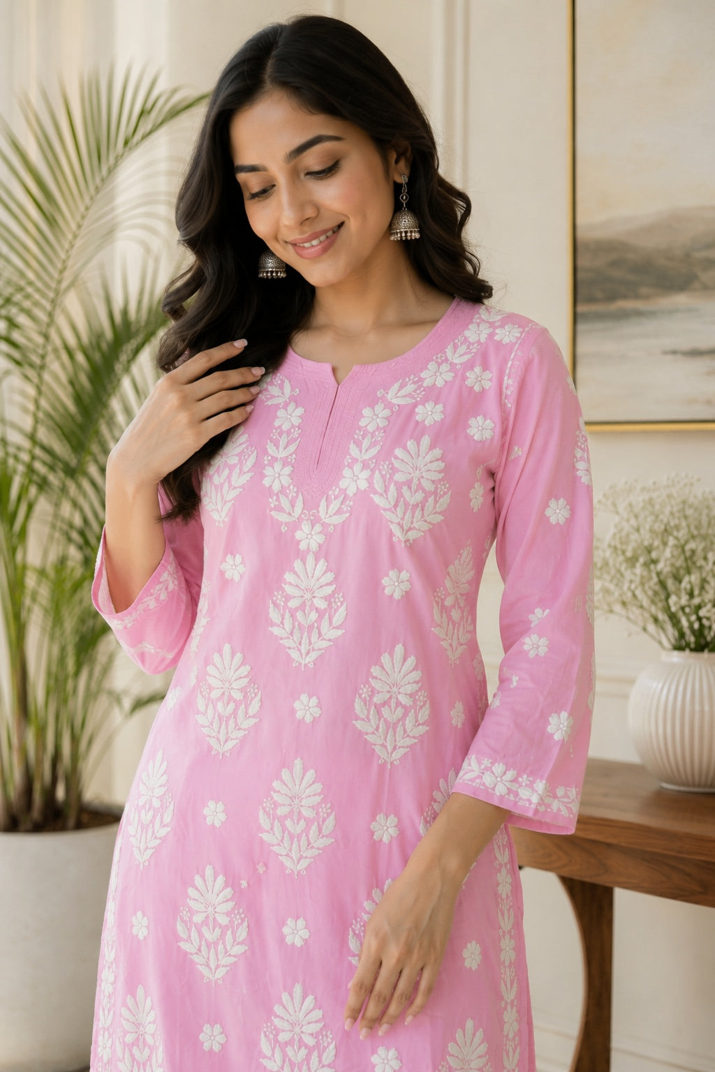 Karigiri Baby Pink Chikankari Mulmul Cotton Kurti_KF0005
