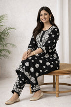 Karigiri Black White Chikankari Cotton Kurti Set_KF0009