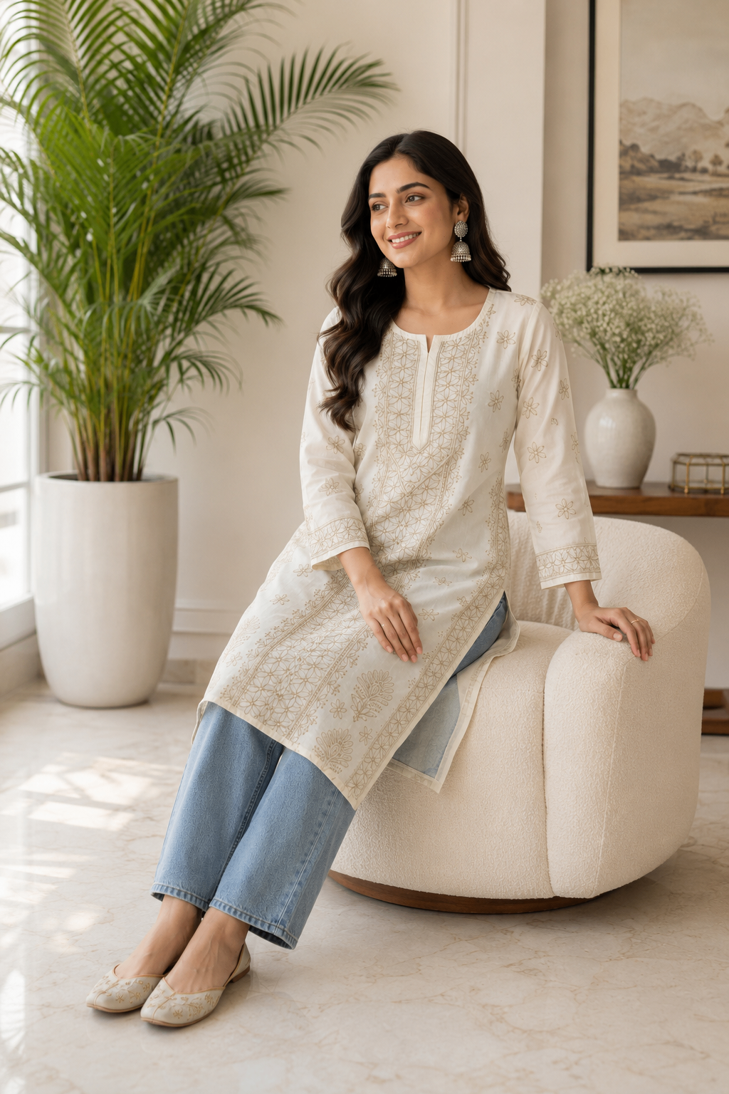 Karigiri Off-White Chikankari Cotton Long Kurti_KF0135