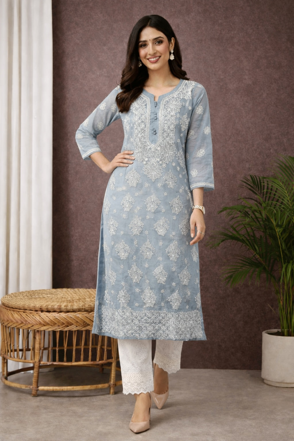 Karigiri Powder Blue Chikankari Georgette Kurti_KF0158
