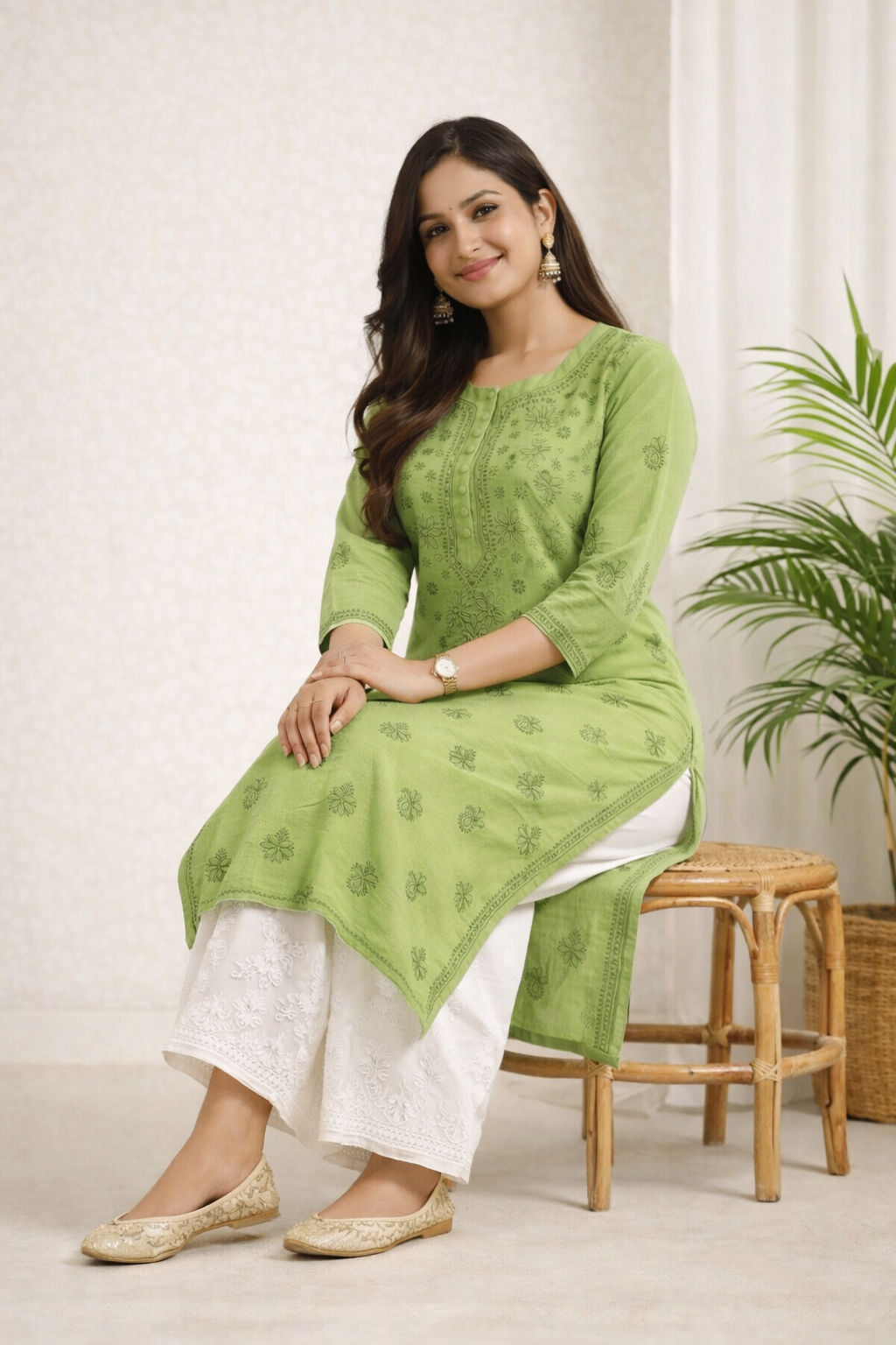 Karigiri Pistachio Green Chikankari Cotton Kurti Women_KF0156