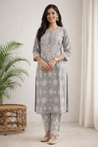 Karigiri Grey Floral Chikankari Kurti Set_KF0031