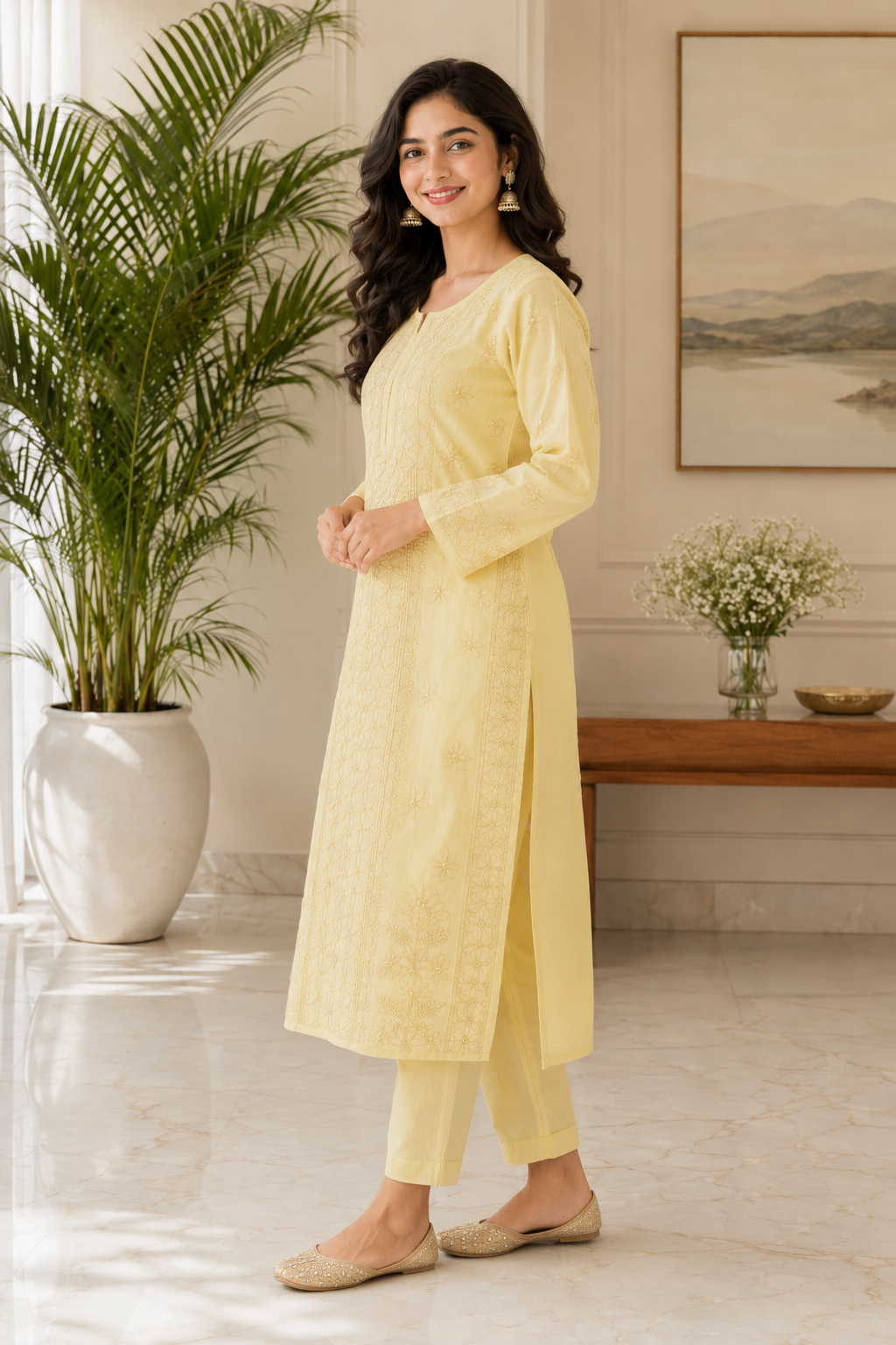 Karigiri Light Yellow Chikankari Cotton Kurti Women_KF0055
