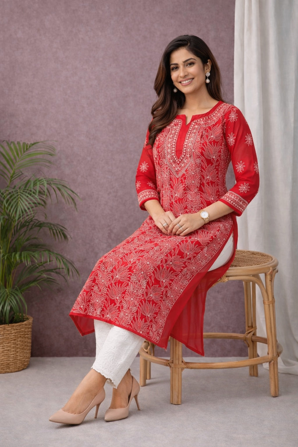 Karigiri Red Georgette Chikankari Jaaldar Kurti_KF0051
