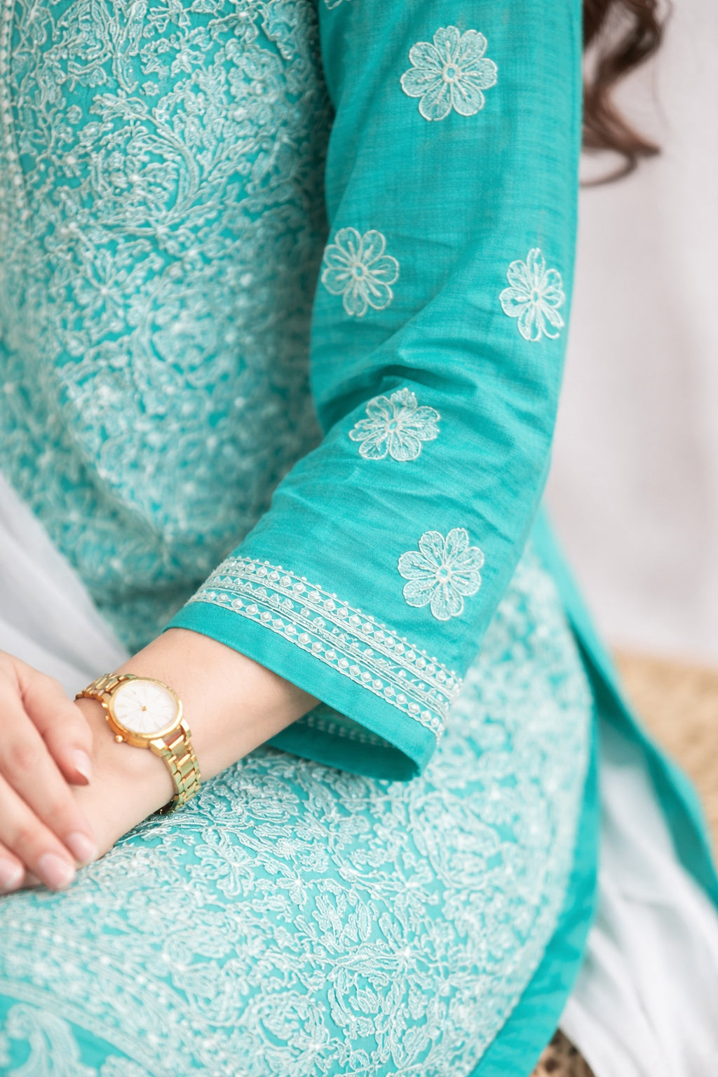Karigiri Sea Green Chikankari Georgette Kurti Jaaldar work_KF0175