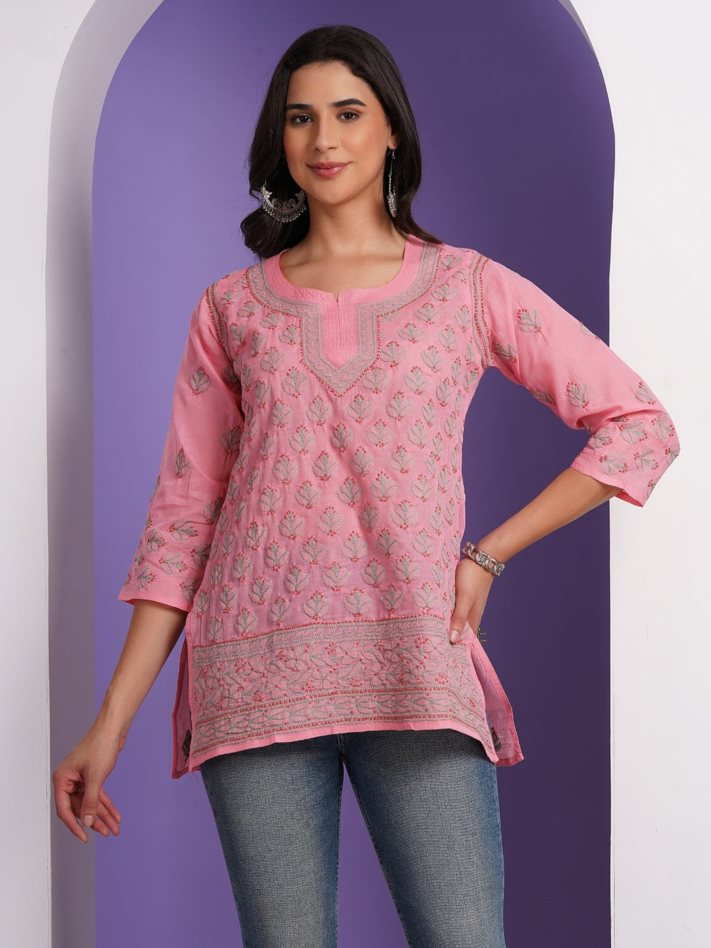 Karigiri Lucknowi Chikankari Hand Embroidered Pure Cotton Straight Hip Length Short Kurti, 3/4 Sleeve, Ethnic Wear for Women