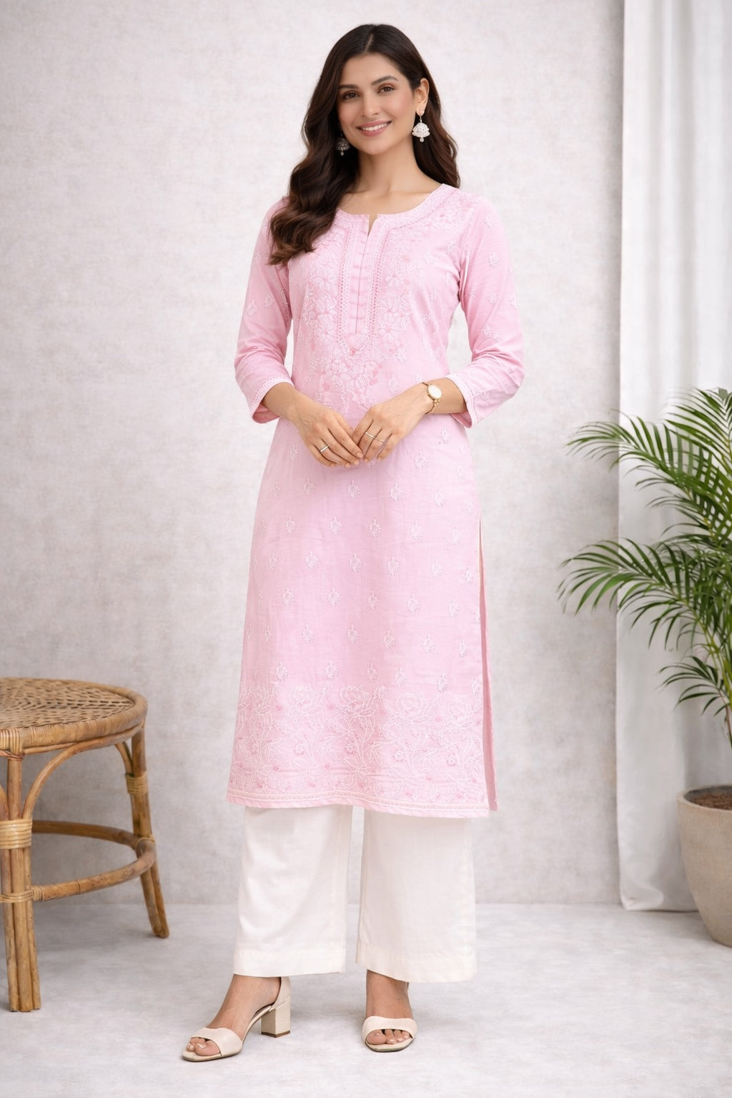 Karigiri Blush Pink Chikankari Cotton Kurti Women_KF0018