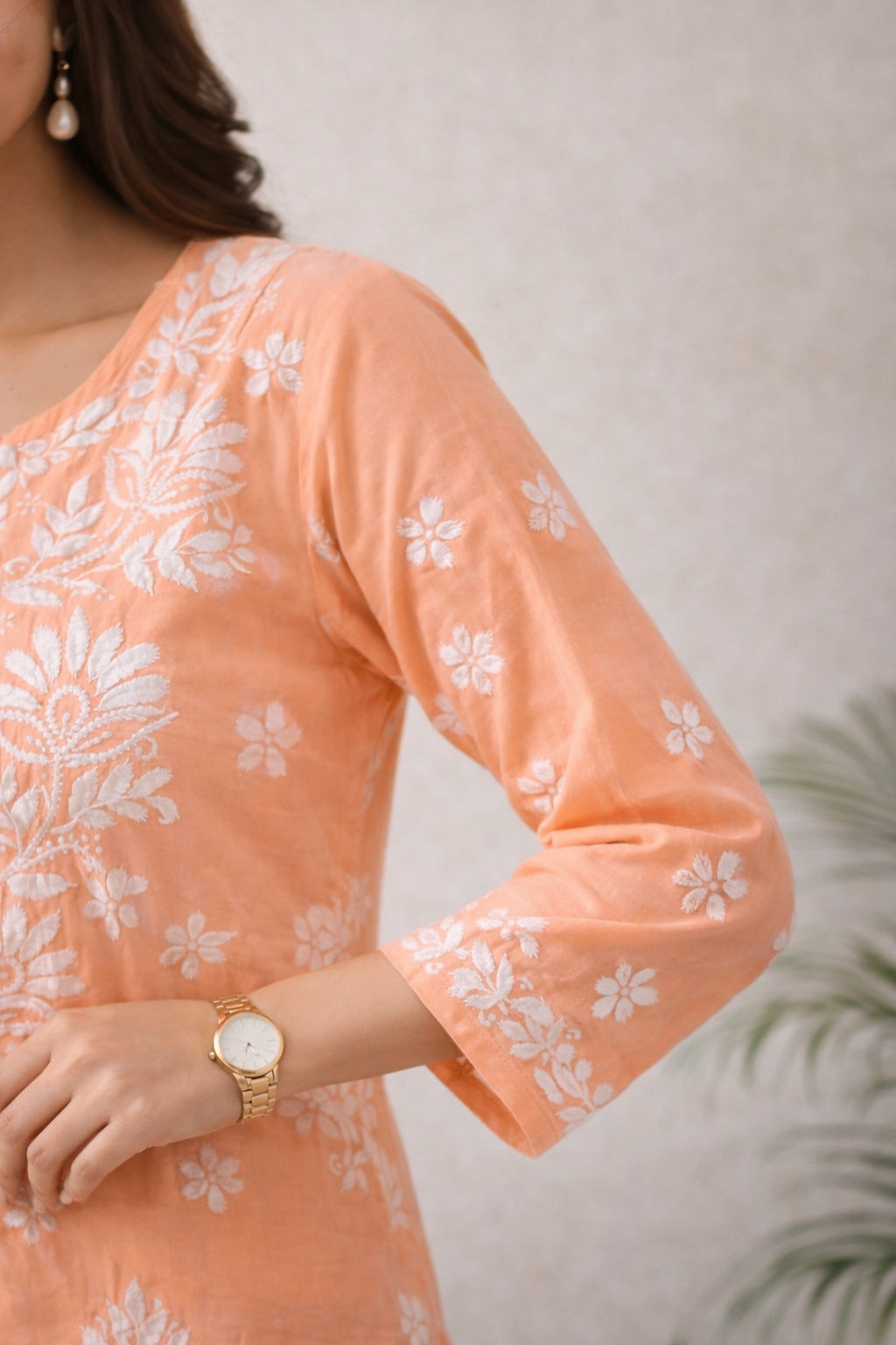 Karigiri Peach Floral Chikankari Mulmul Cotton Kurti Set_KF0142