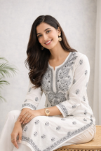 Karigiri White Chikankari Cotton Kurti 3/4 Sleeve_KF0204