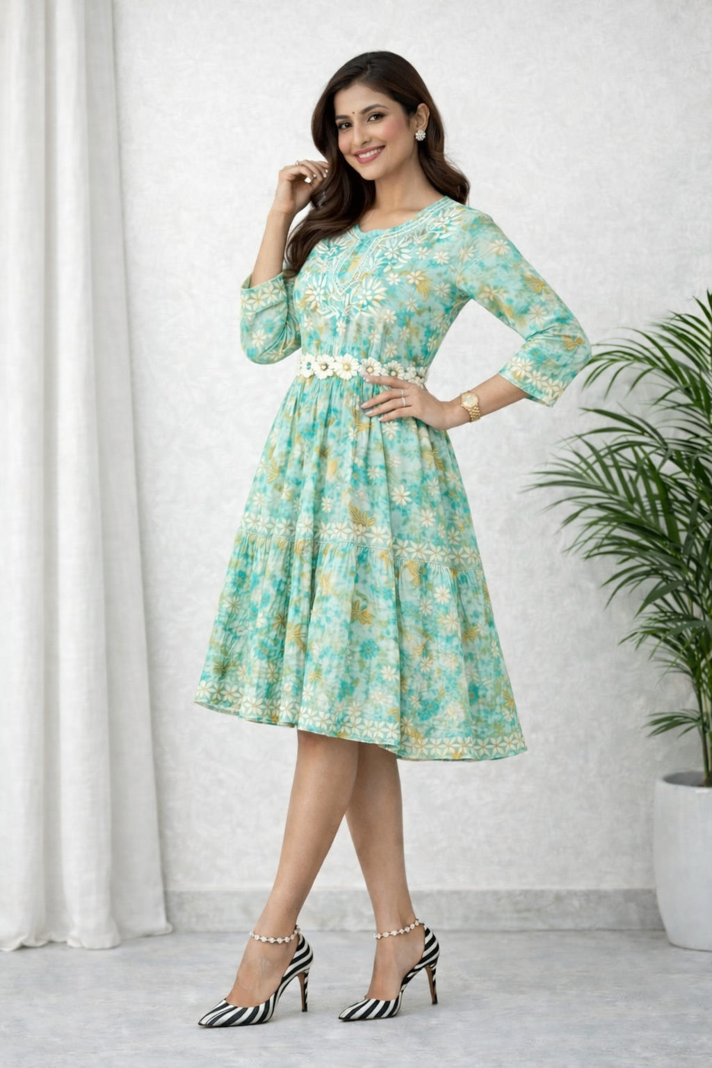 Karigiri Turquoise Blue Floral Printed Cotton Chikankari Frock Kurta_KF0160
