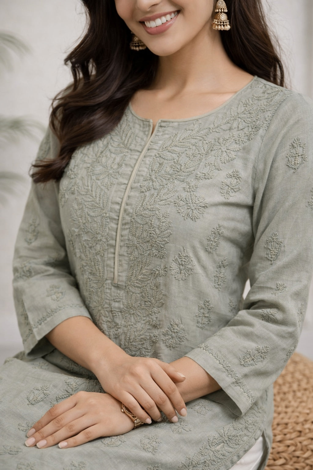 Karigiri Sage Green Chikankari Rayon Cotton Kurti_KF0099
