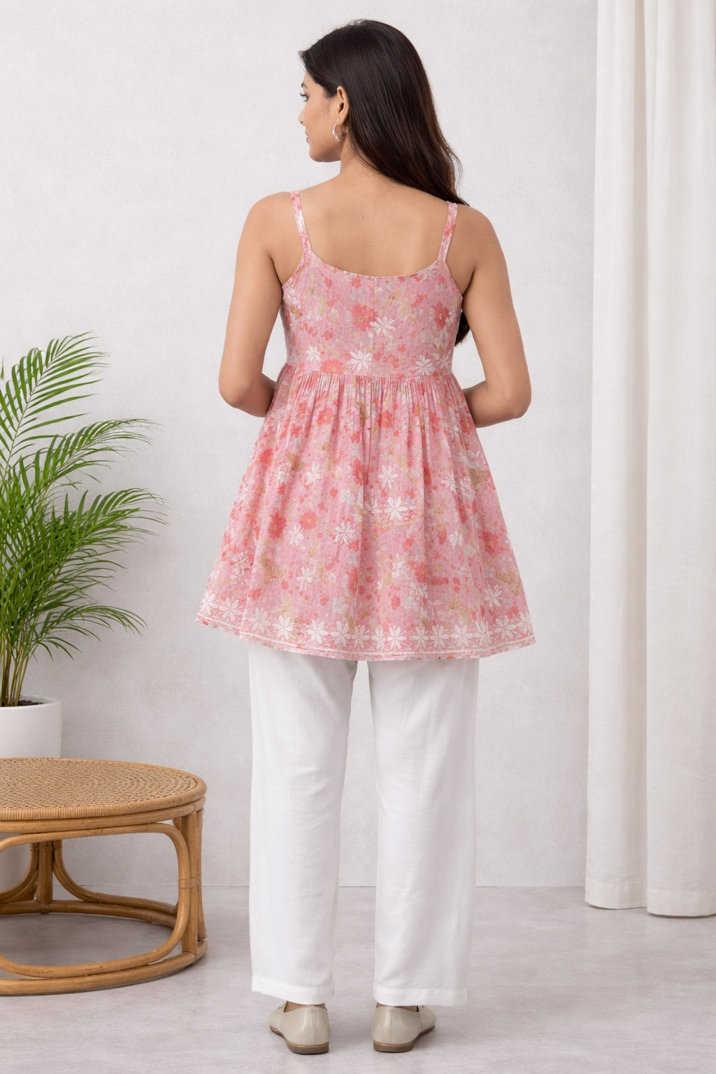 Karigiri Pink Chikankari Soft Printed Cotton Spaghetti Short Kurti_KF0151