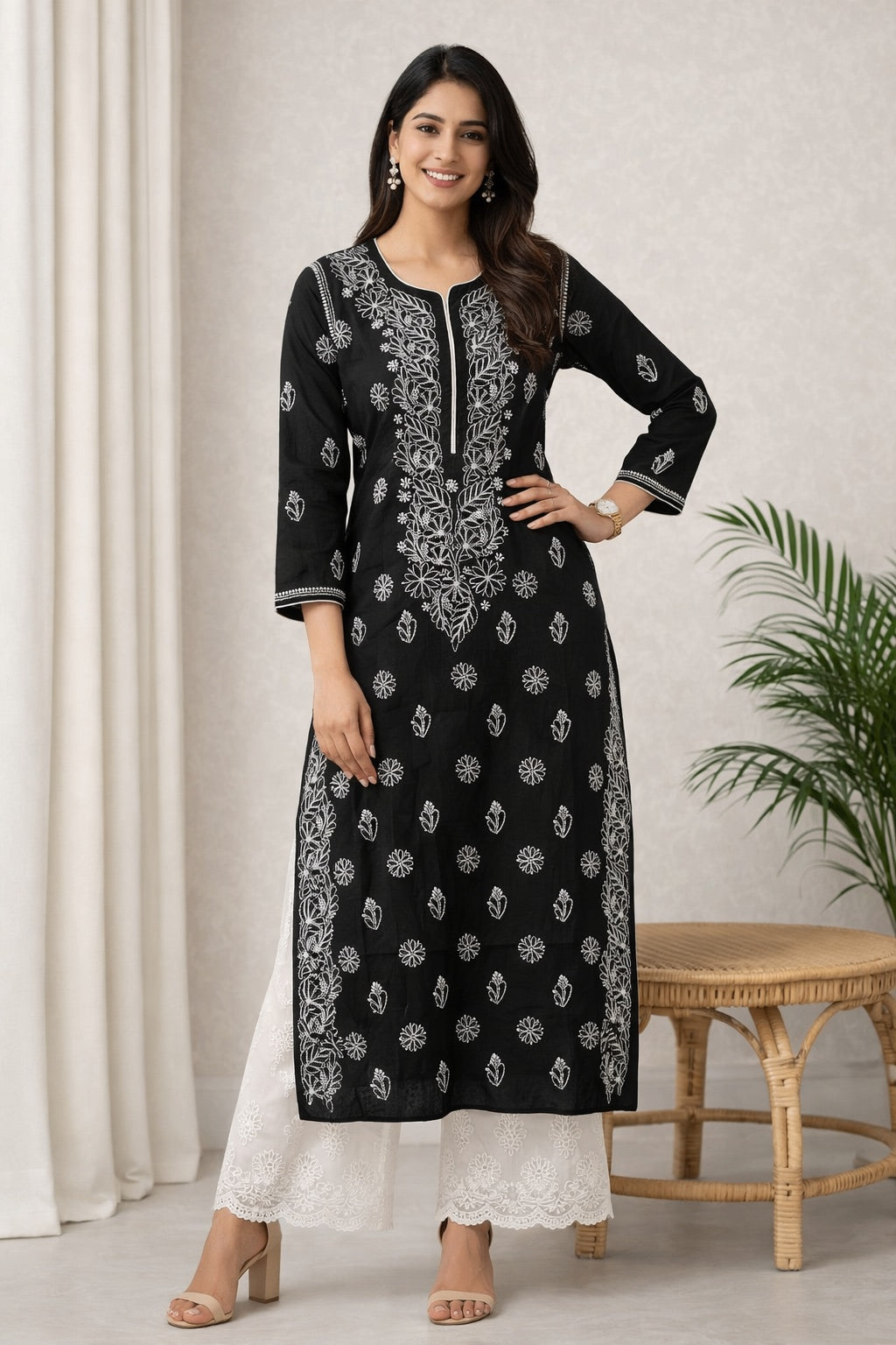 Karigiri Black Chikankari Rayon Cotton Kurti Women_KF0101