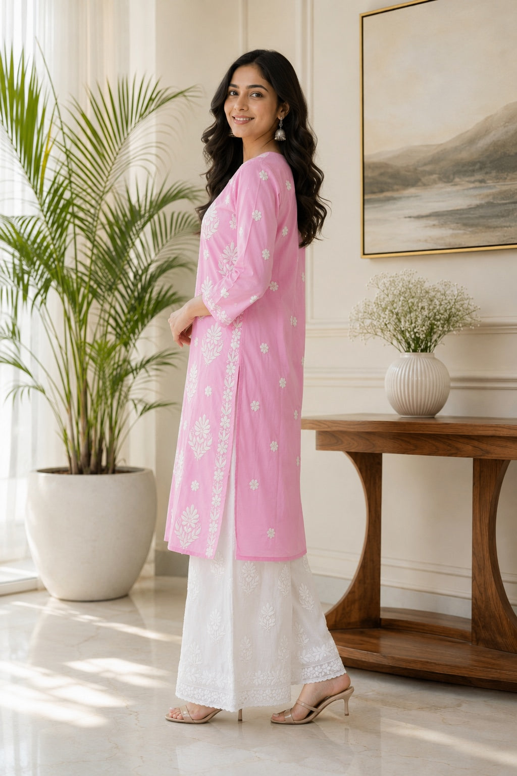 Karigiri Baby Pink Chikankari Mulmul Cotton Kurti_KF0005
