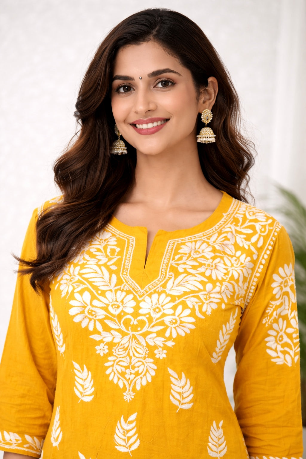 Karigiri Mustard Floral Chikankari Mulmul Cotton Kurti Set_KF0065