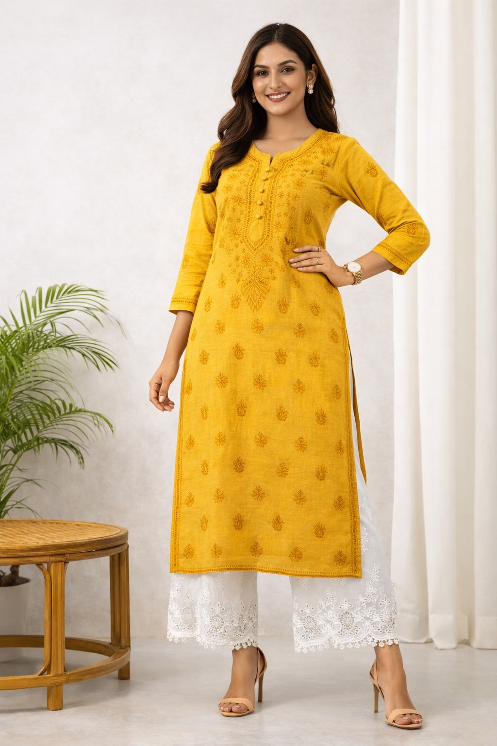 Karigiri Mustard Yellow Chikankari Cotton Kurti_KF0081