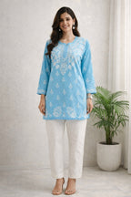 Karigiri Sky Blue Chikankari Rayon Short Kurti_KF0189