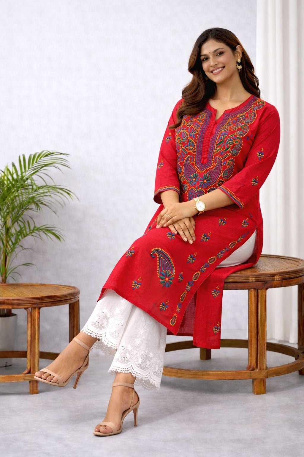Karigiri Red Chikankari Cotton Kurti for Women_KF0082