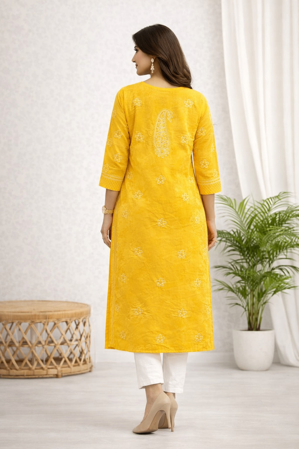 Karigiri Mustard Yellow Chikankari Cotton Kurti_KF0091