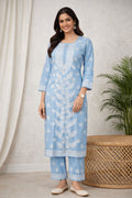 Karigiri Sky Blue Floral Chikankari Soft Mulmul Cotton Kurti Set_KF0179
