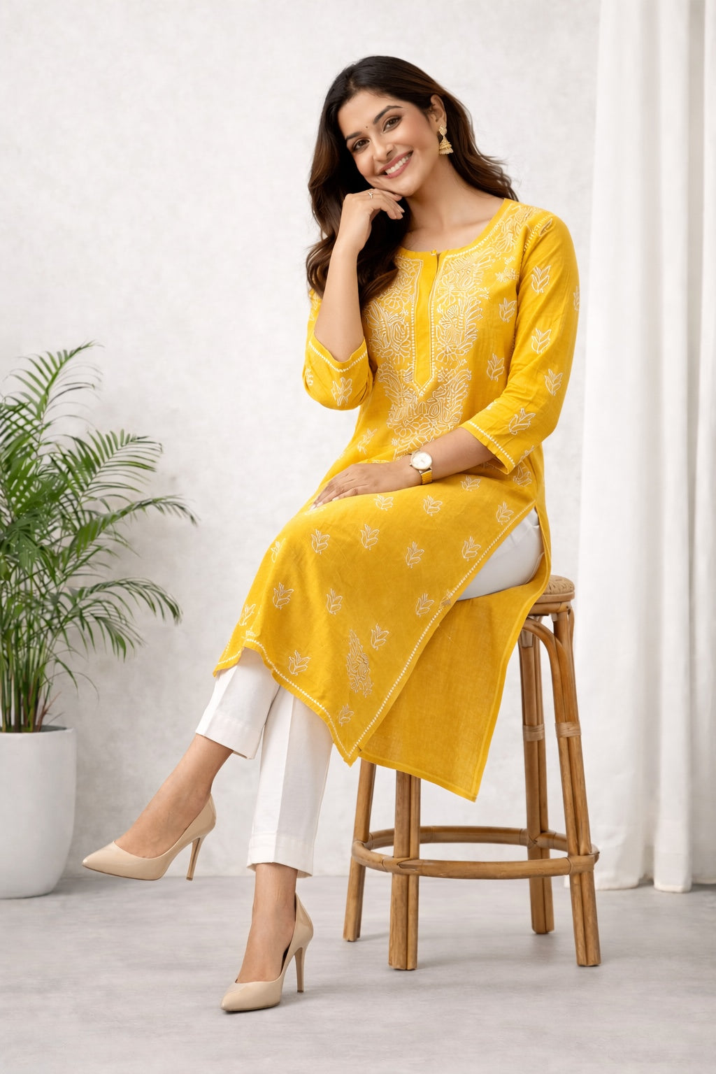 Karigiri Mustard Yellow Chikankari Cotton Kurti_KF0133