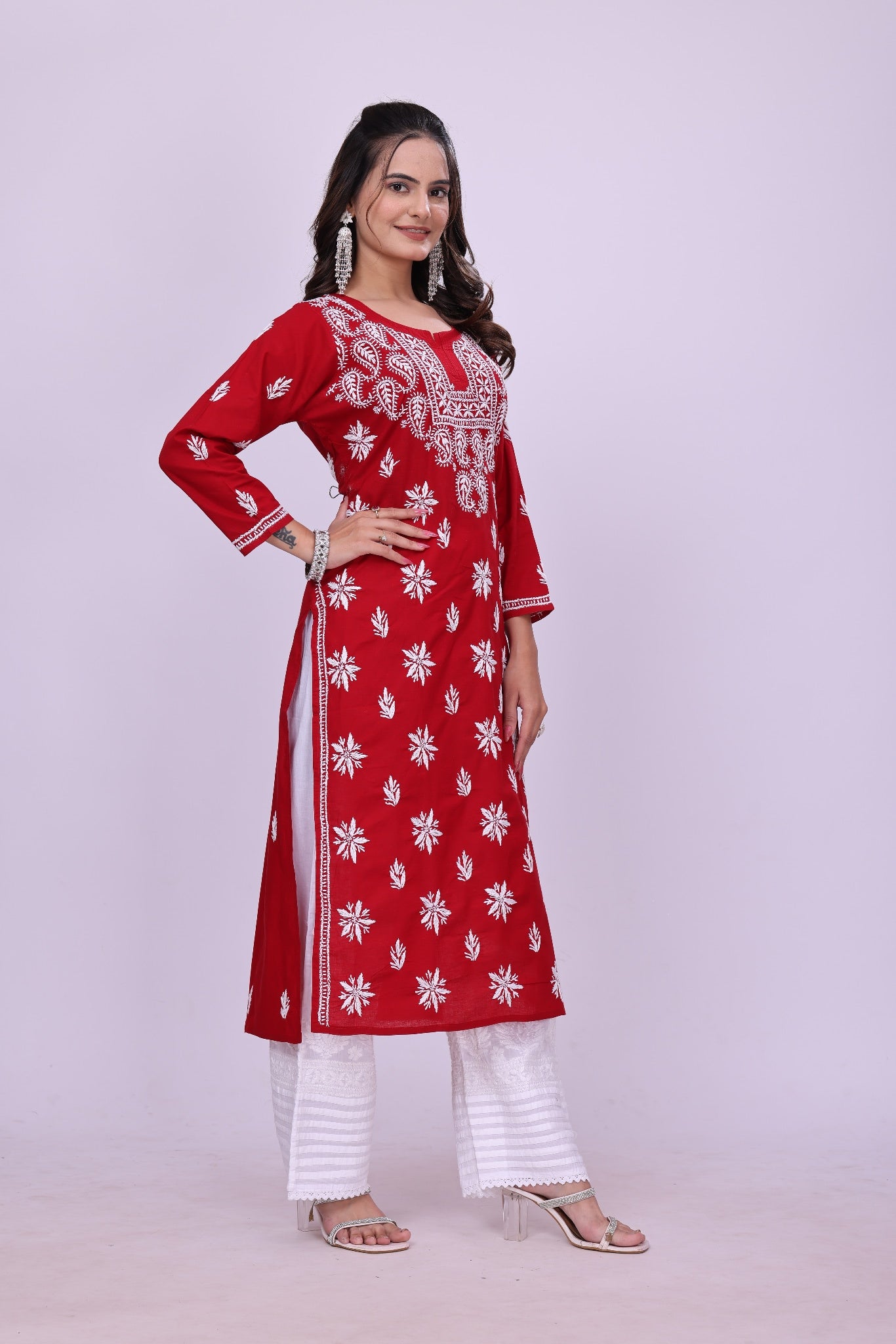 Karigiri Red Cotton Chikankari Kurti Lucknowi_KF0163