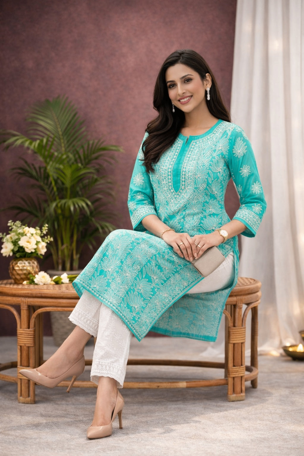 Karigiri Sea Green Chikankari Georgette Kurti_KF0071