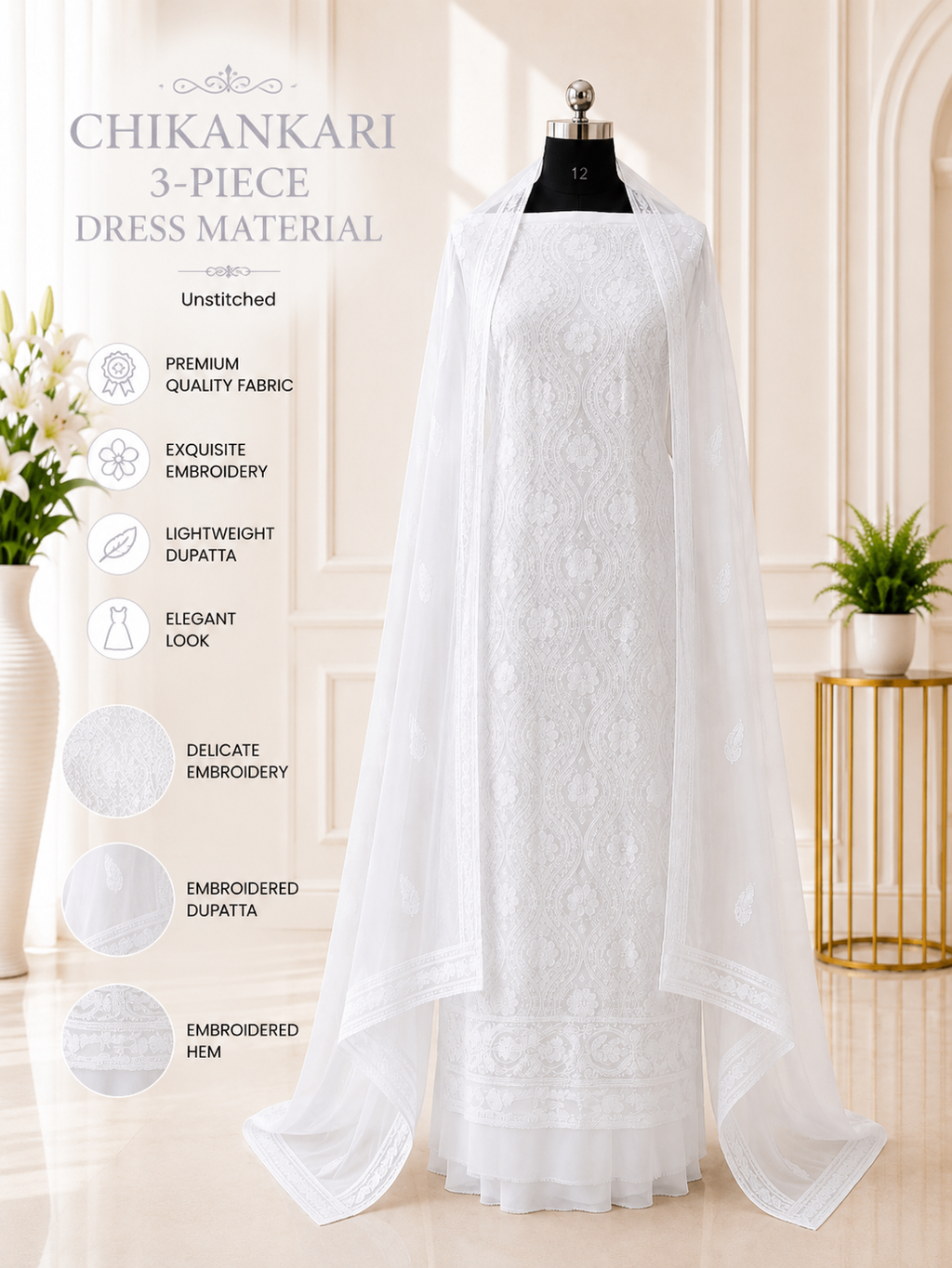 Karigiri White Chikankari Soft Georgette 3-Piece Dress Material