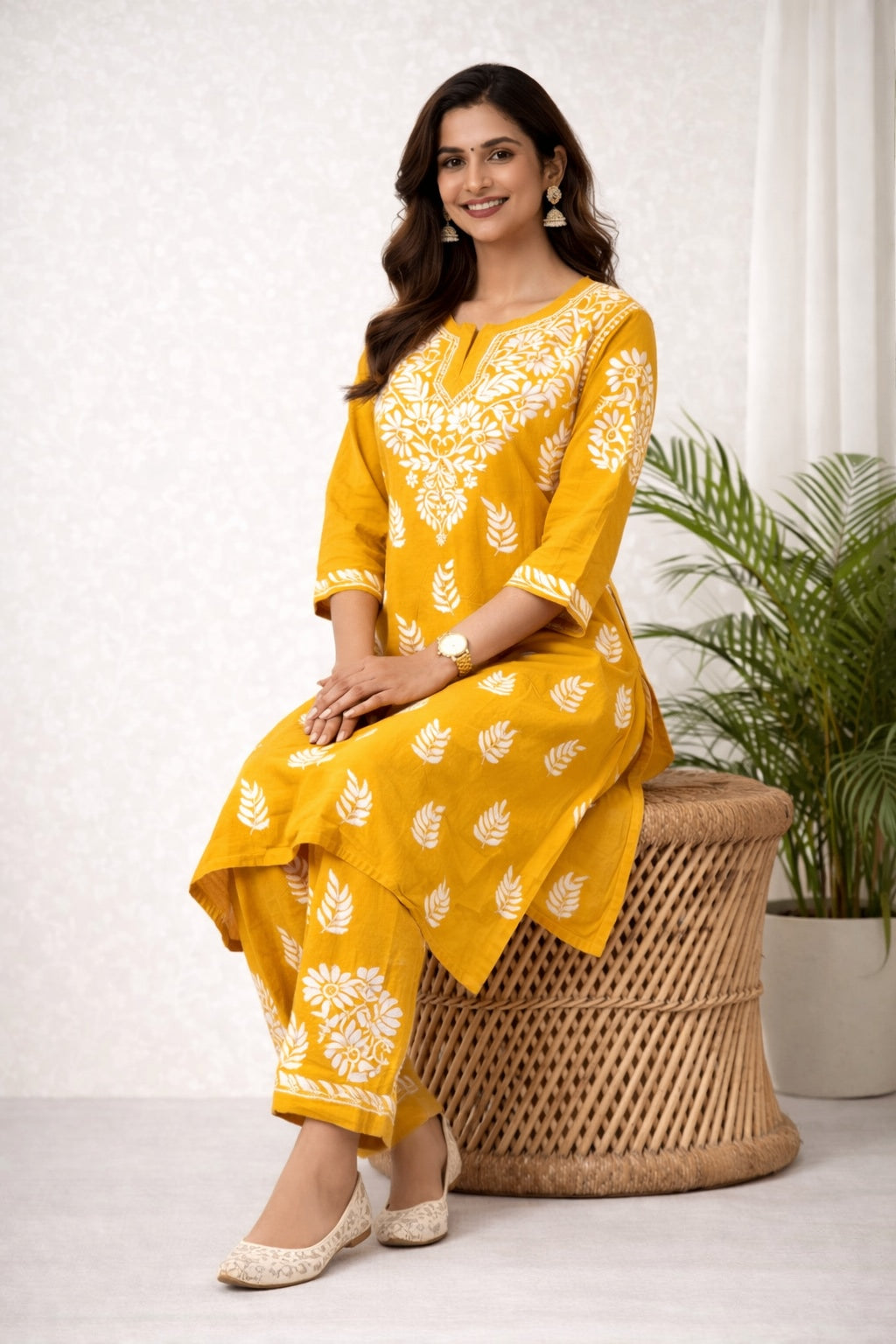 Karigiri Mustard Floral Chikankari Mulmul Cotton Kurti Set_KF0065