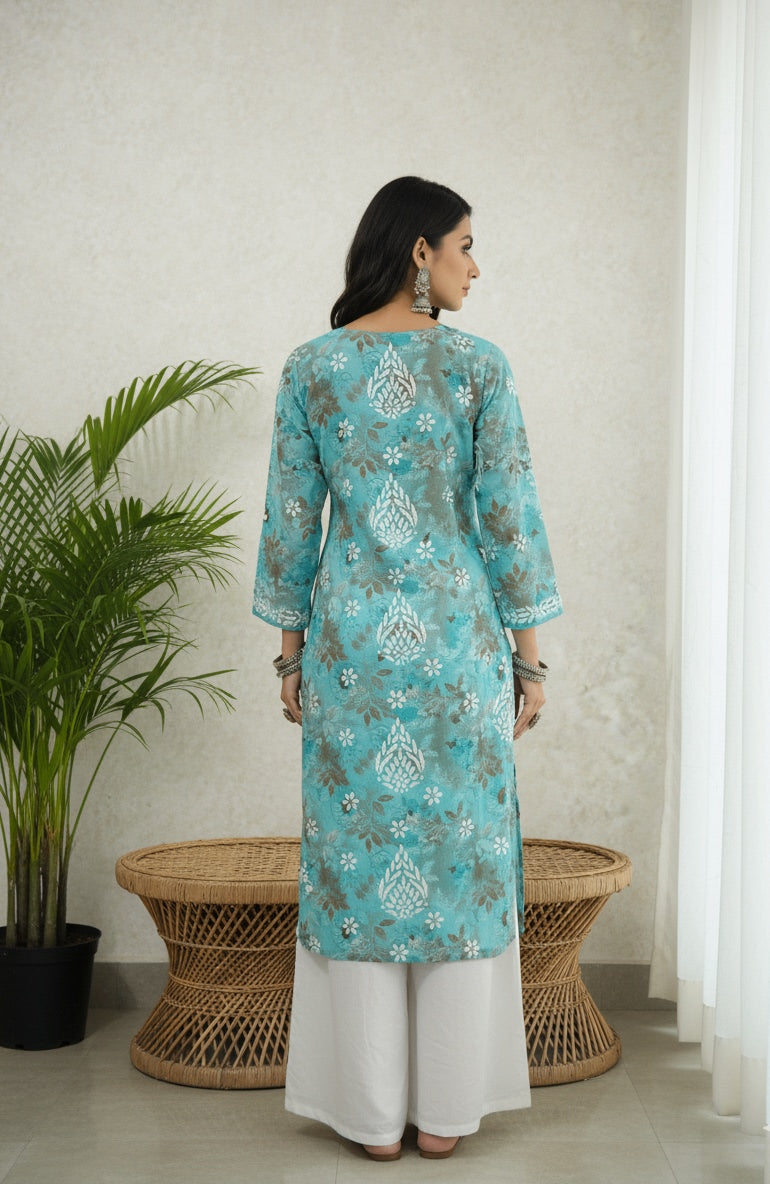 Karigiri Women's Turquoise Blue Lucknowi Chikankari Hand Embroidered Printed Cotton Kurta with White Floral Embroidery, Full Sleeve