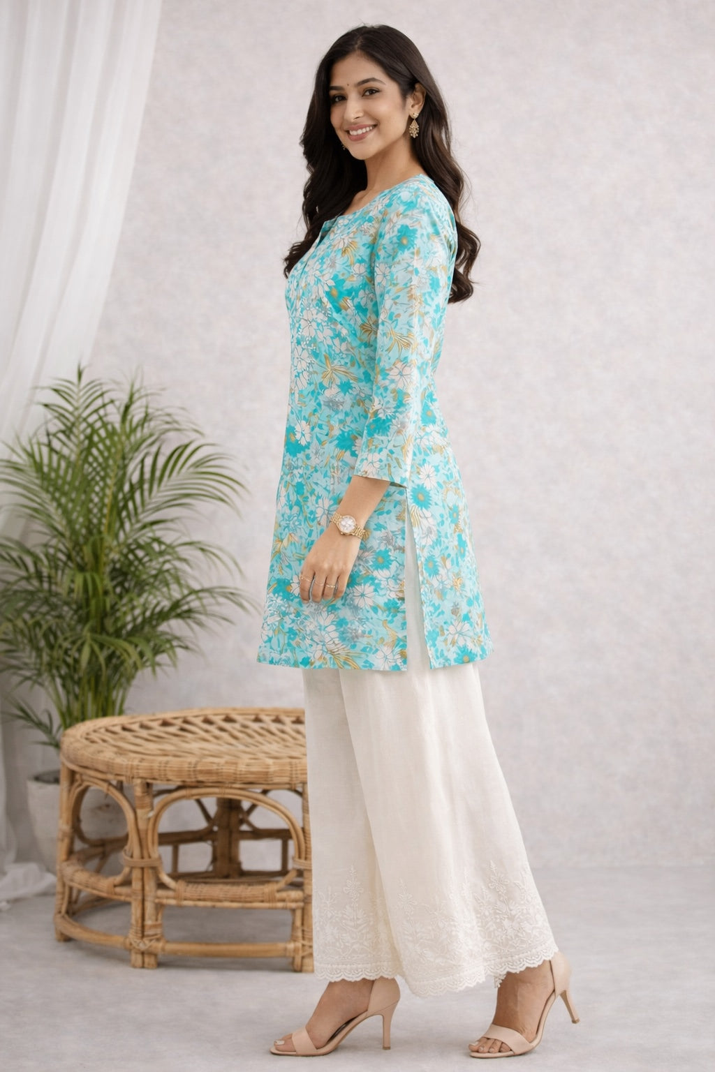 Karigiri Turquoise Blue Chikankari Printed Cotton Short Kurti_KF0187