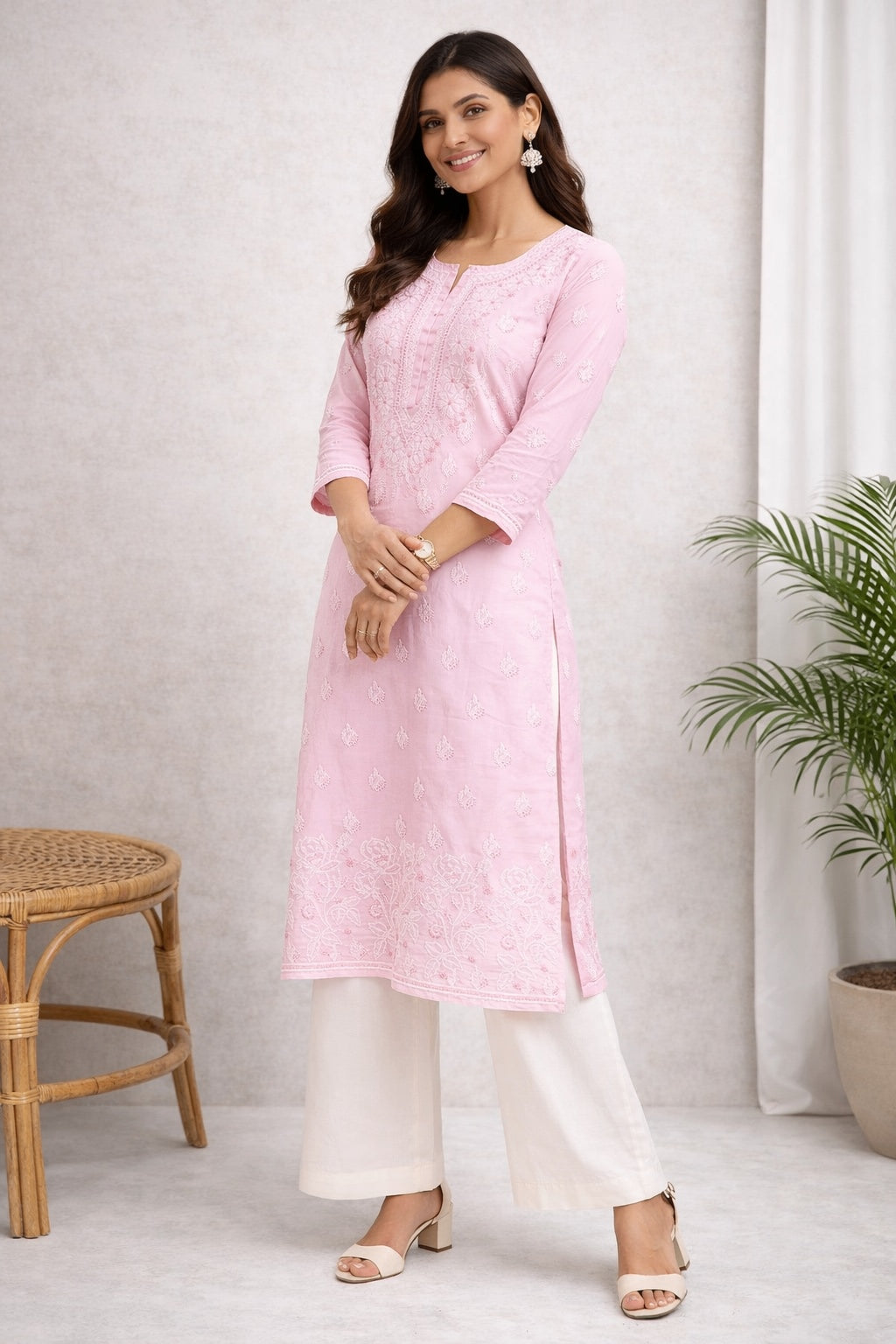 Karigiri Blush Pink Chikankari Cotton Kurti Women_KF0018