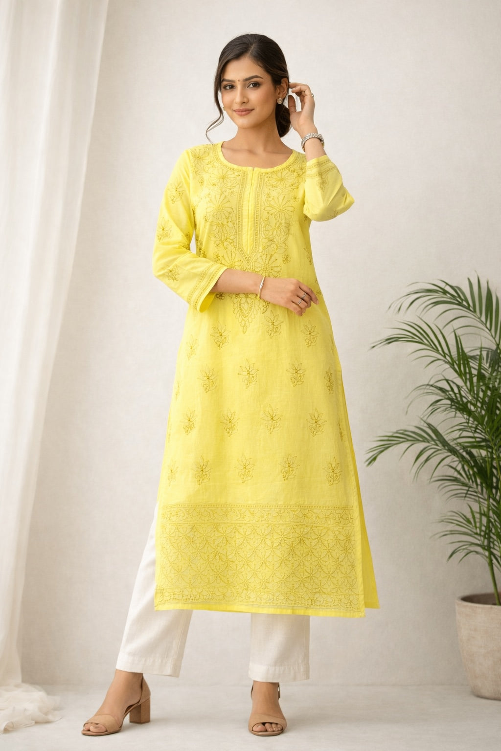 Karigiri Yellow Chikankari Cotton Kurti for Women_KF0095