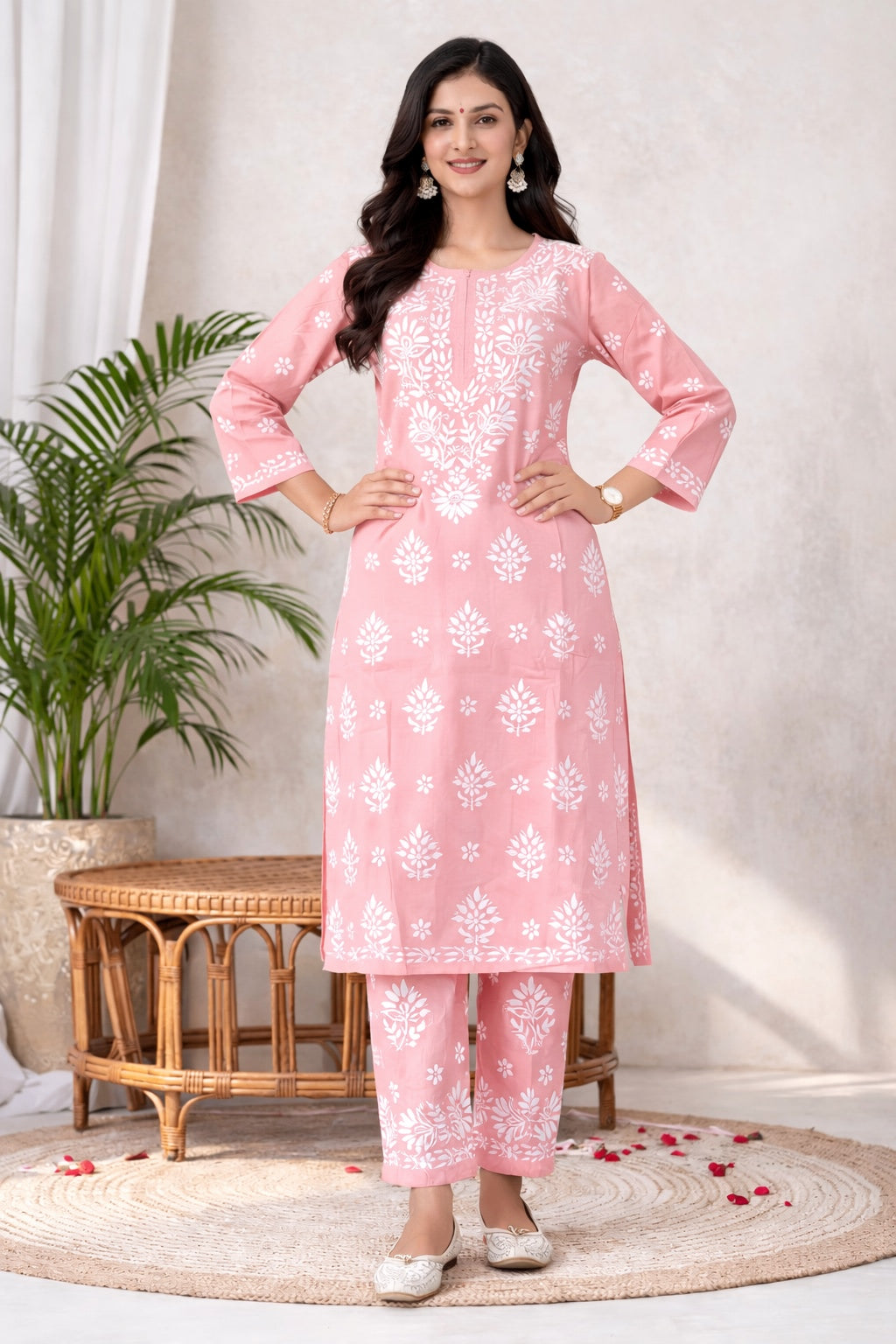 Karigiri Blush Pink Chikankari Cotton Kurti Set_KF0020