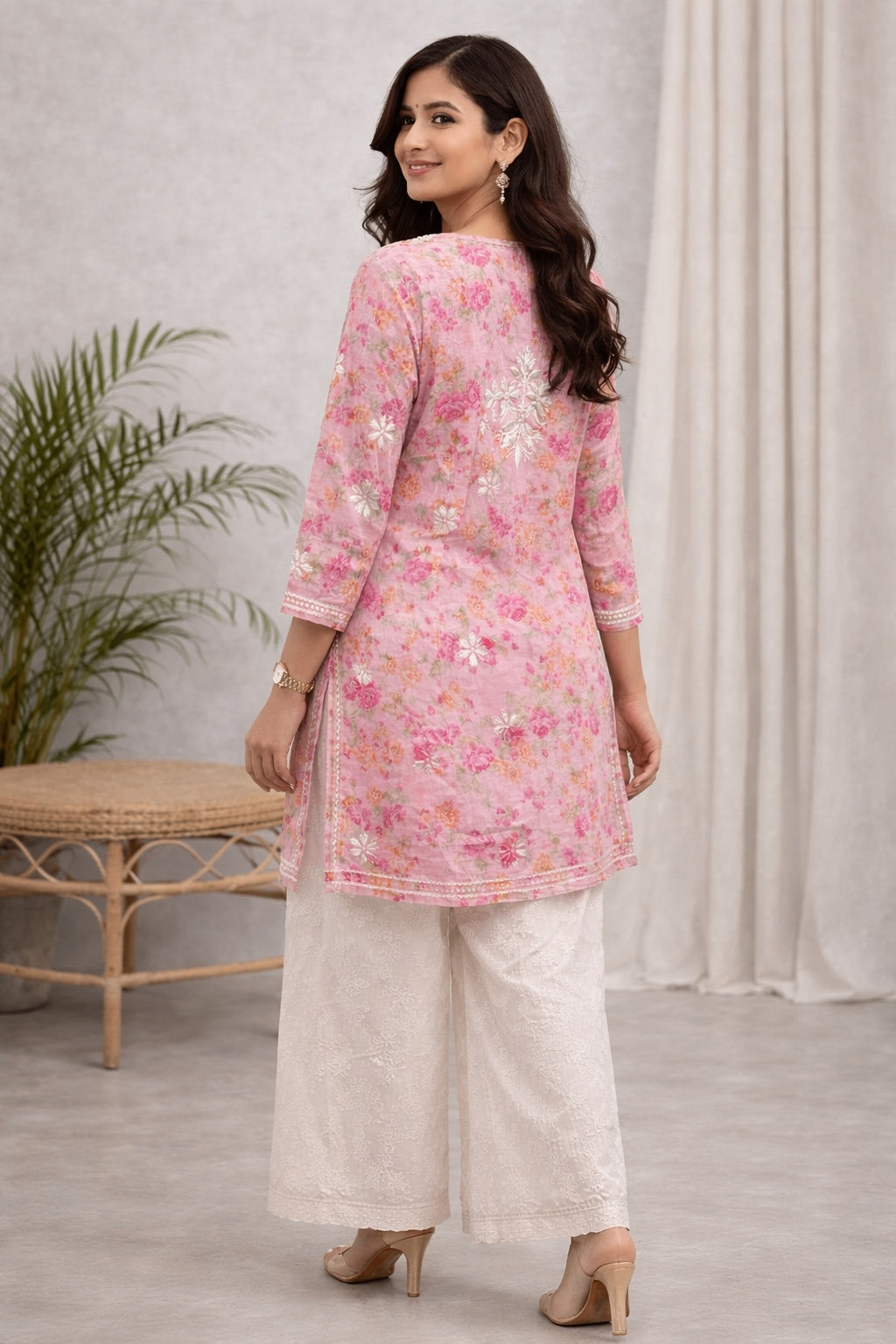 Karigiri Light Pink Floral Chikankari Printed Cotton Short Kurti_KF0116
