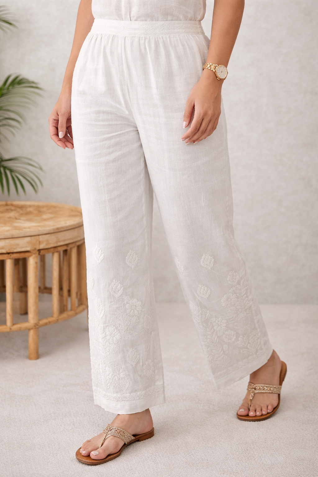 Karigiri White Chikankari Cotton Palazzo Pants_KF0206
