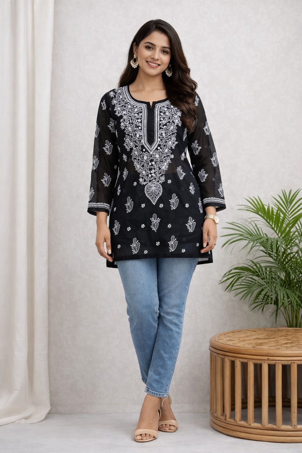 Karigiri Black Chikankari Georgette Short Kurti_KF0013