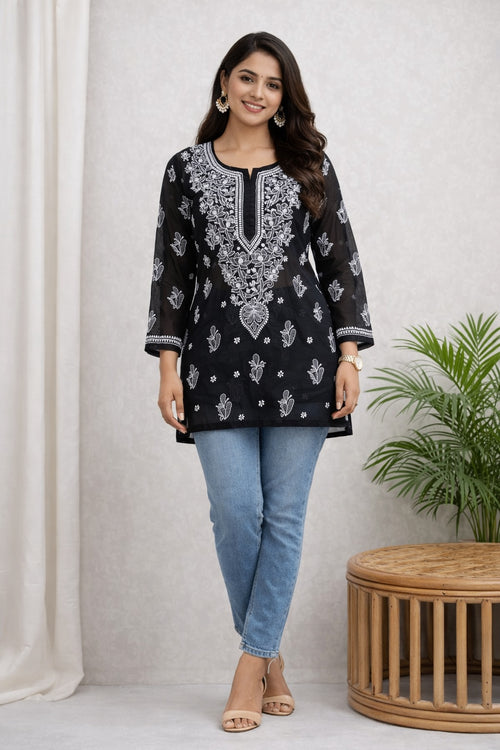 Karigiri Black Chikankari Georgette Short Kurti_KF0013