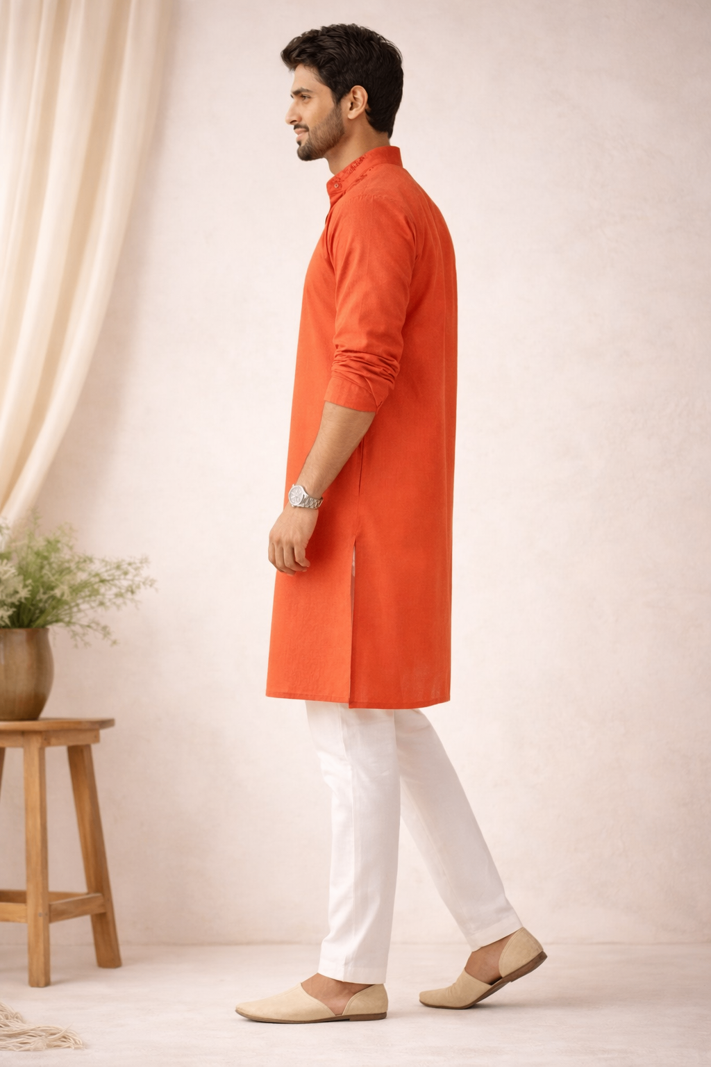 Karigiri Men's Saffron Orange Chikankari Cotton Kurta_KF0168