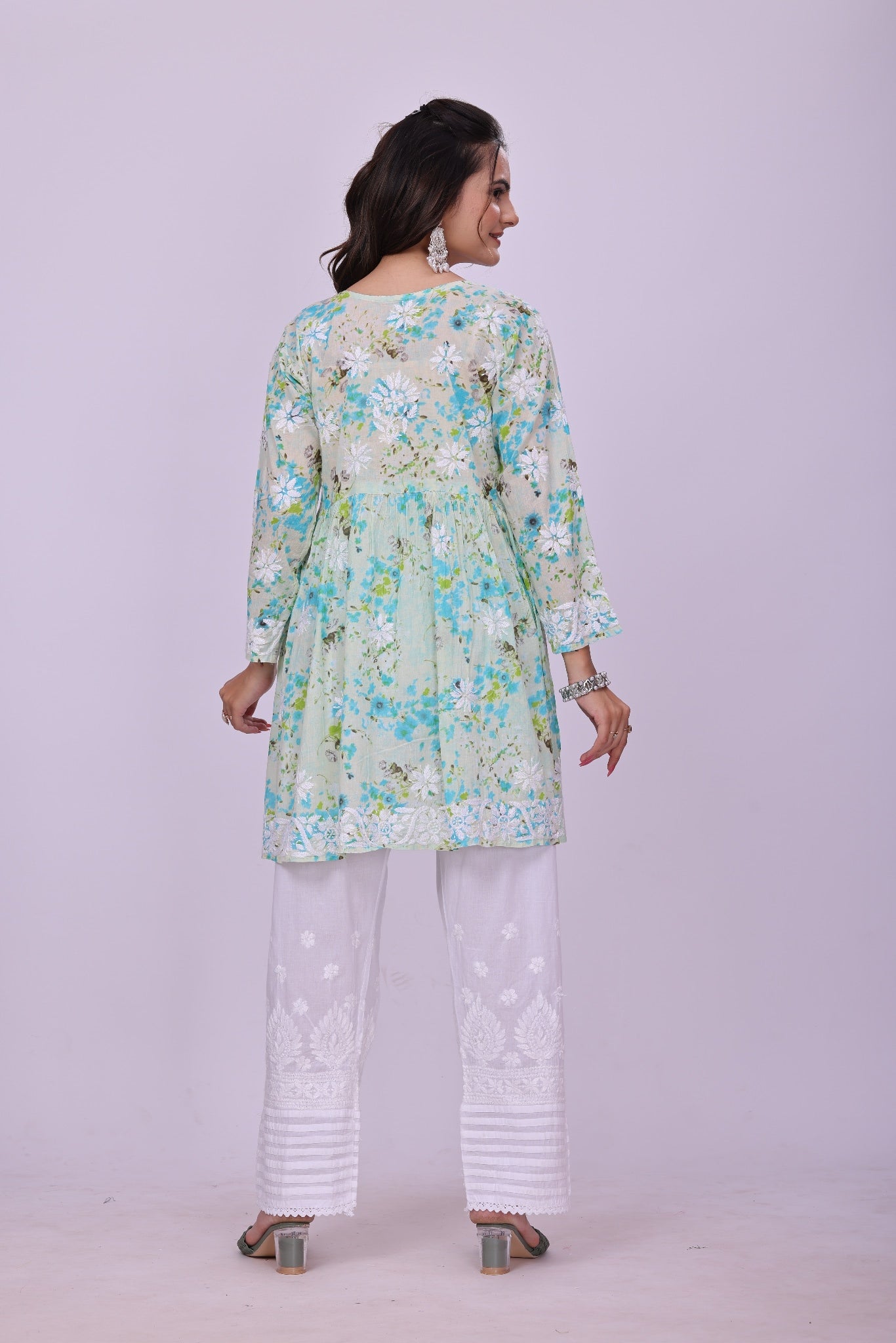 Karigiri Green Floral Chikankari Frock Style Short Kurta_KF0122