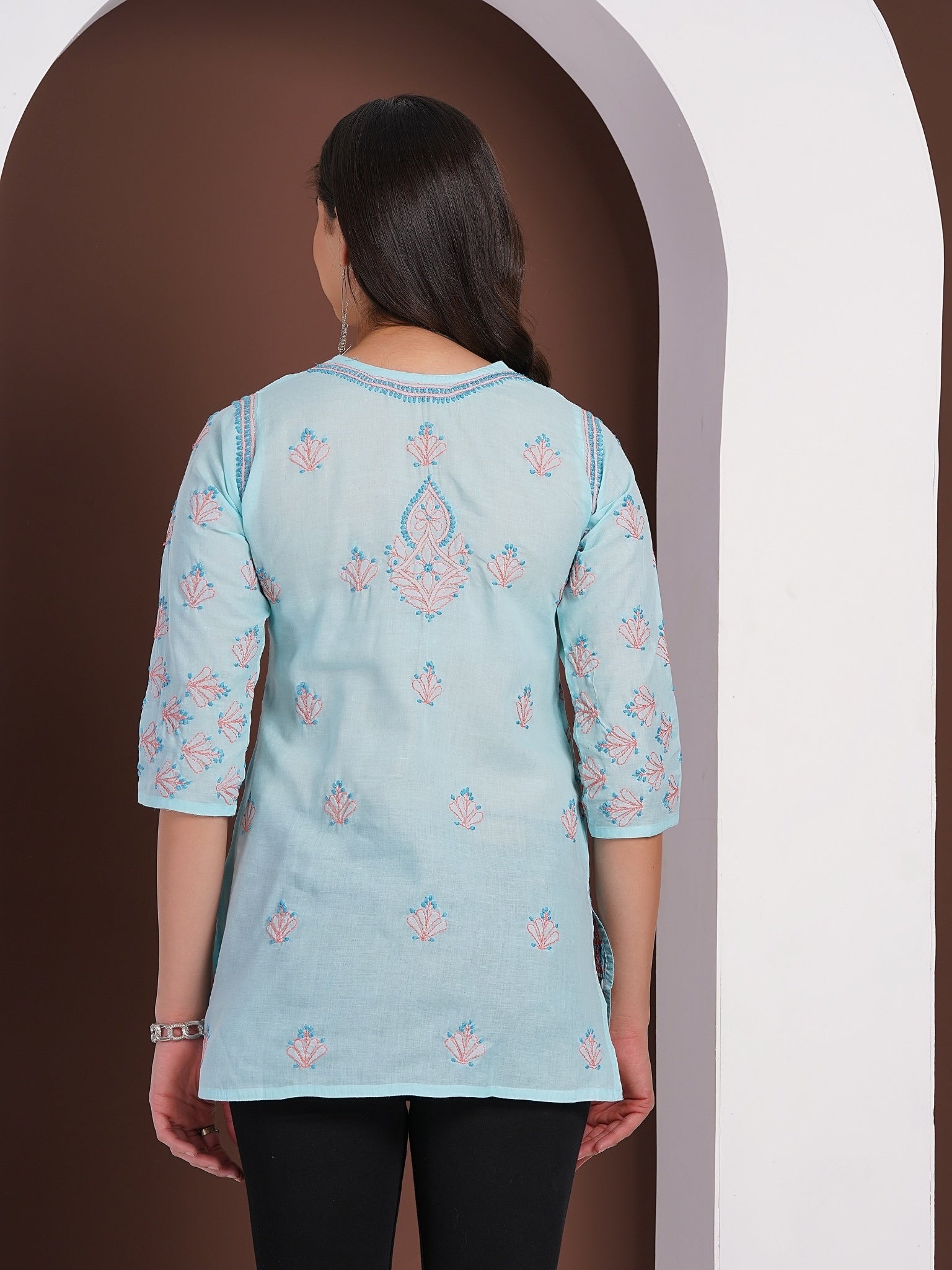 Karigiri Powder Blue Chikankari Hand Embroidered Pure Cotton Straight Hip Length Short Kurti, 3/4 Sleeve