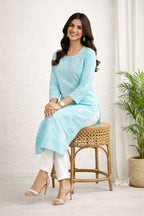 Karigiri Sky Blue Chikankari Cotton Kurti_KF0190