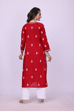 Karigiri Red Cotton Chikankari Kurti Lucknowi_KF0163