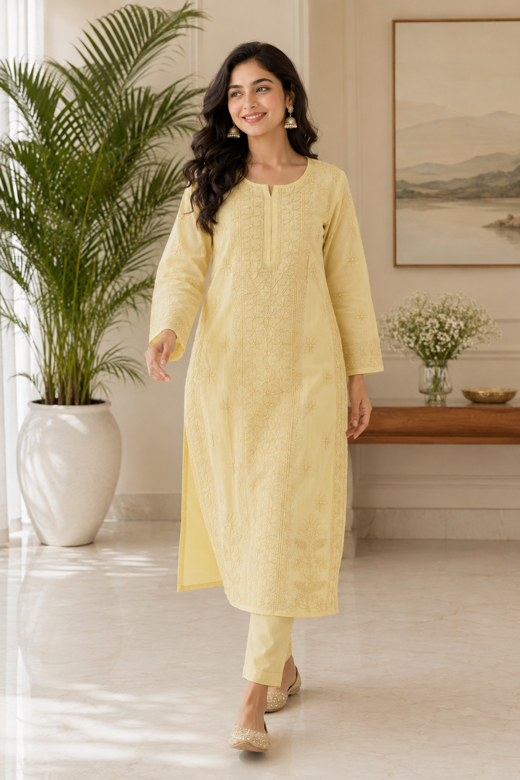 Karigiri Light Yellow Chikankari Cotton Kurti Women_KF0055