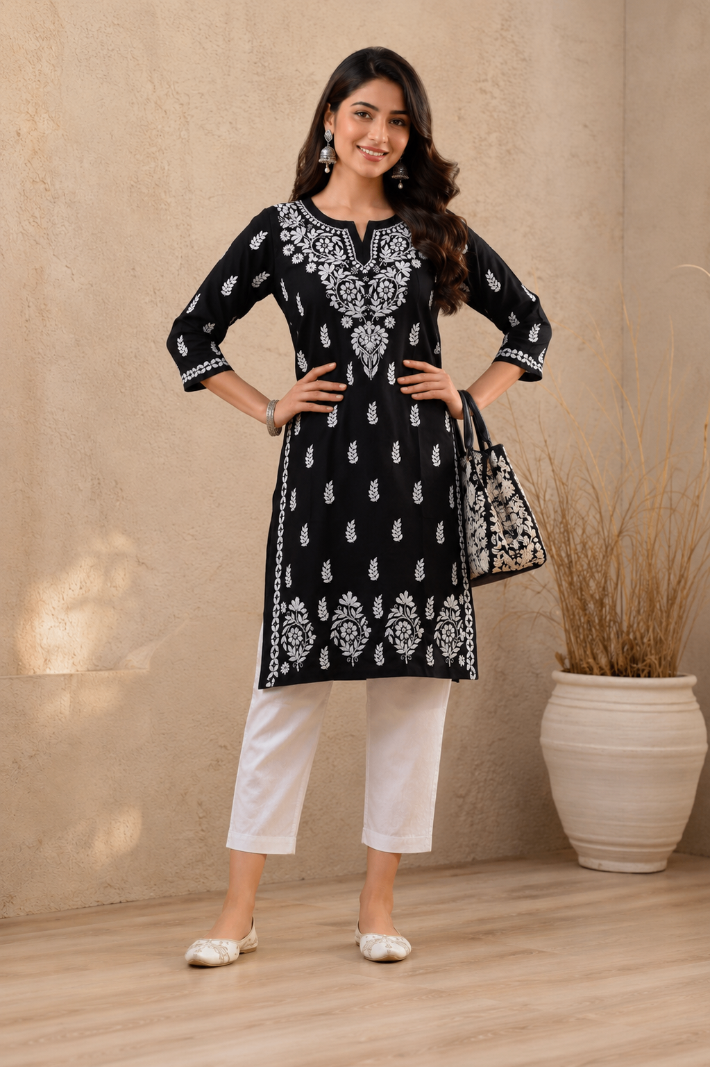 Karigiri Black Lucknowi Chikankari Hand Embroidered Soft Mulmul Cotton Straight Kurti for Women_KFB0412