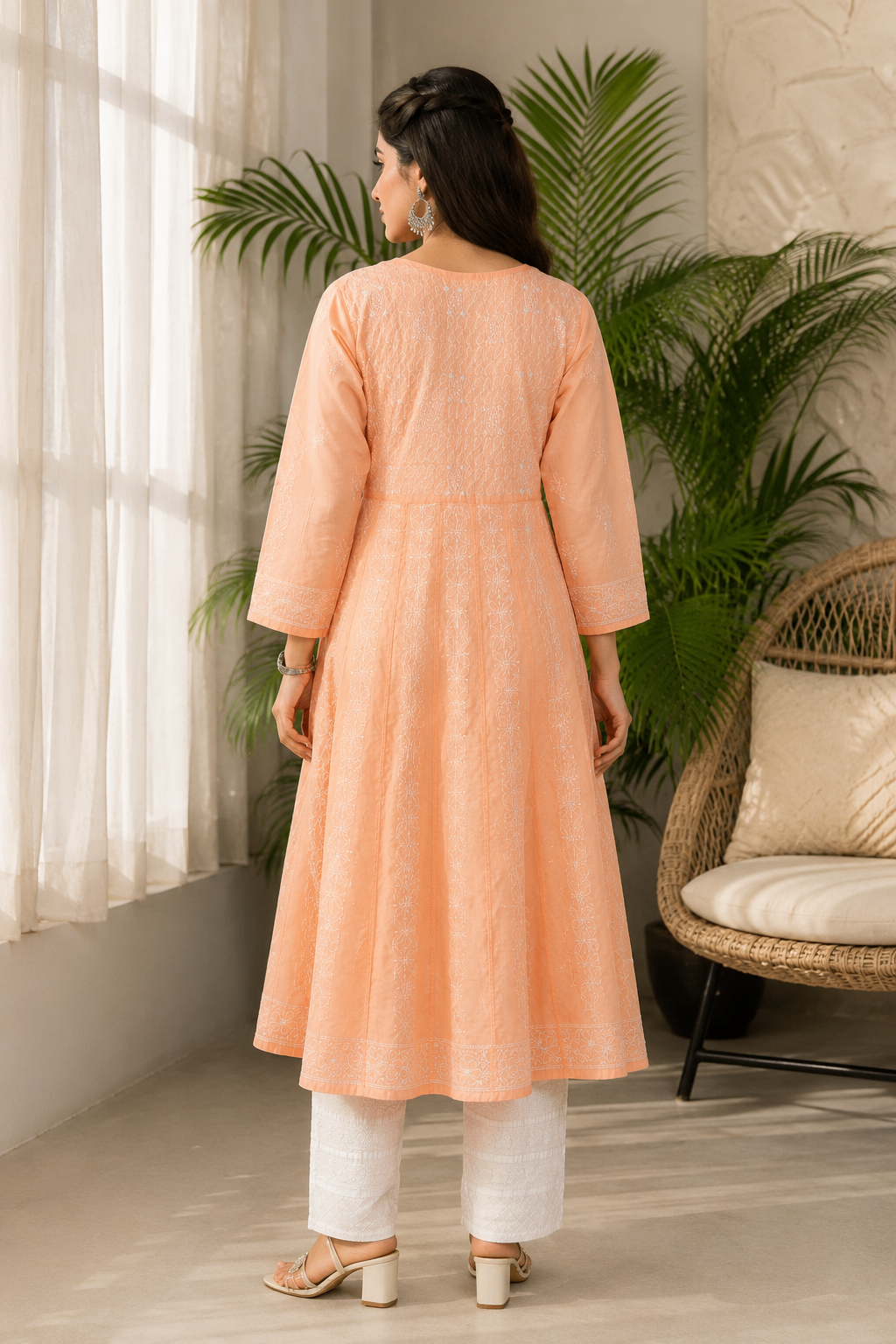 Karigiri Peach Hand Embroidered Chikankari Cotton Anarkali Kurti