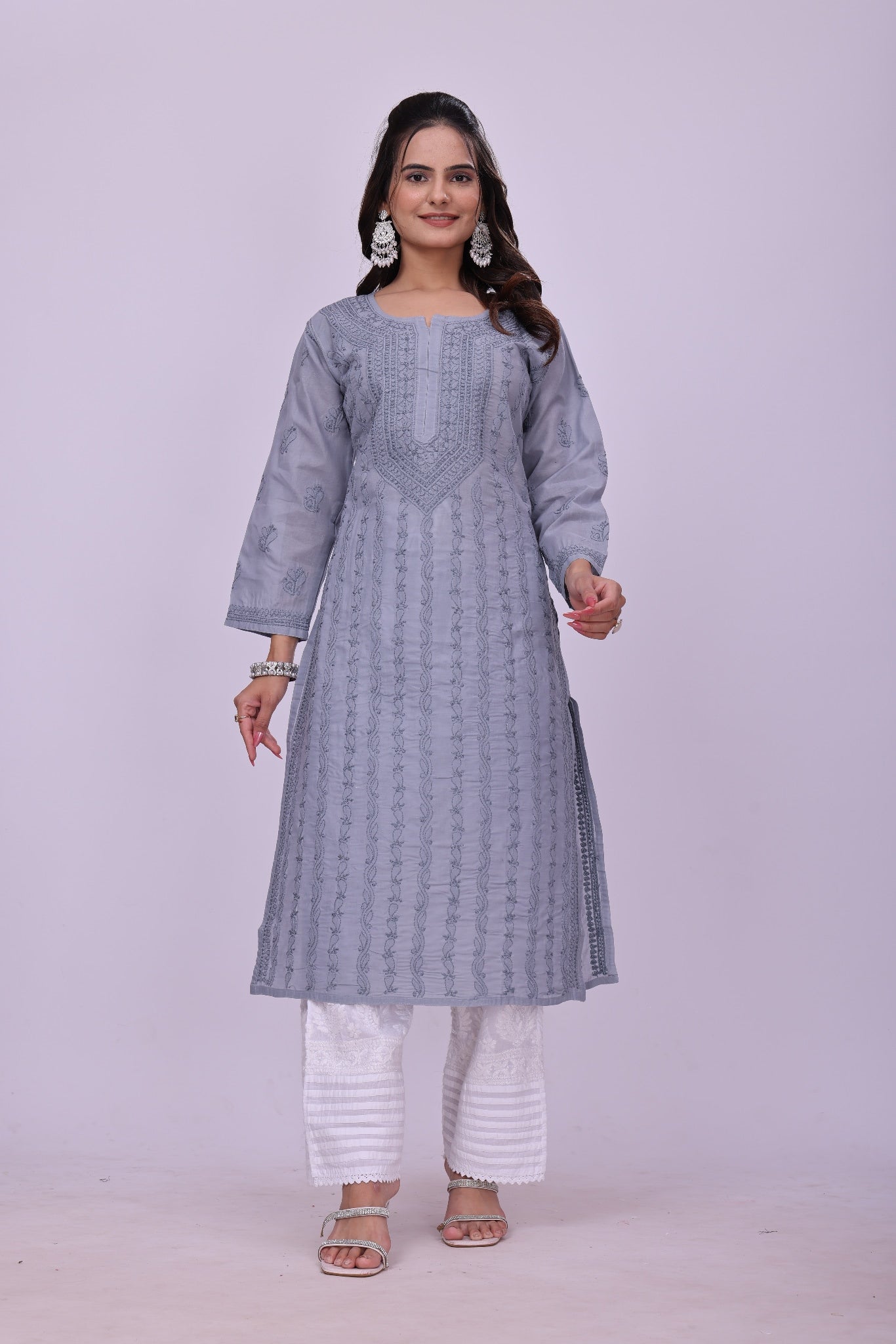 Karigiri Grey Chikankari Cotton Kurti for Women_KF0210