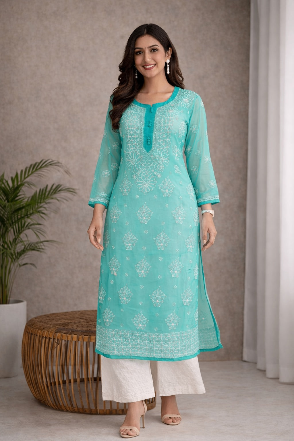 Karigiri Sea Green Chikankari Georgette Kurti Women_KF0176