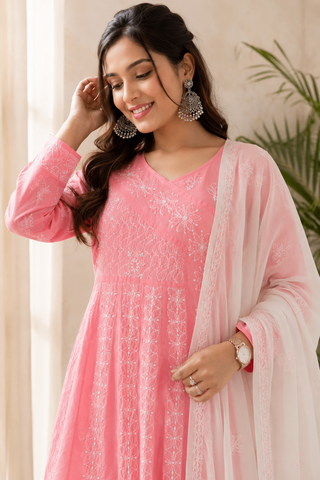 Karigiri Candy Pink Hand Embroidered Chikankari Cotton Anarkali Kurti